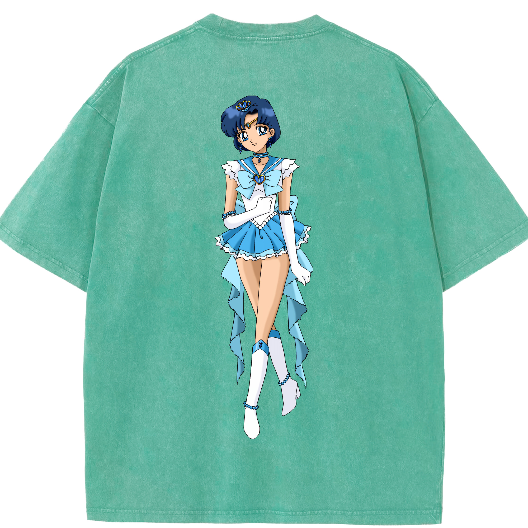 （画像用） 美少女戦士セーラームーン 水野 亜美 みずの あみ Sailor Moon Mizuno Ami 綿100% ヴィンテージ風 半袖Tシャツ（背面プリント）